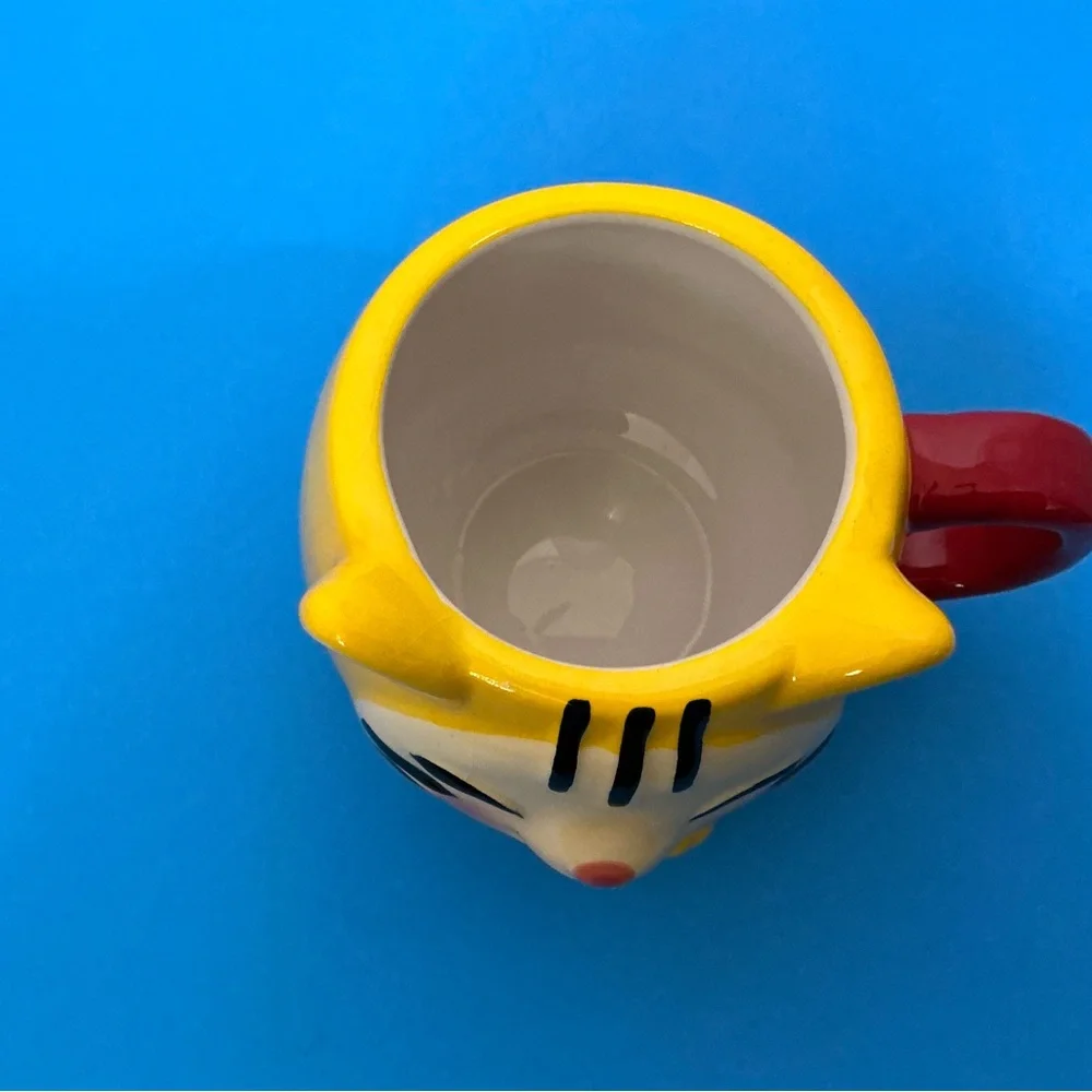 Playful Yellow Cat Face Ceramic Mug with Red Handle